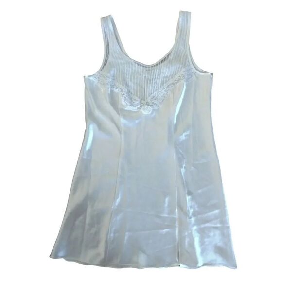 VTG 80s White Satin Floral Lace Rosette Mini Lingerie Slip Dress Small - Picture 7 of 17
